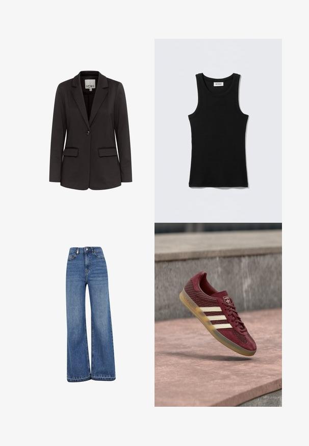 Sort blazer lavet af glat stof med spidse klapper, to forlommer, enkelt knaplukning og tætsiddende pasform.; Sort bomuldstop med rund halsudskæring og smalle stropper. Enkelt design uden mønstre eller detaljer.; Bredde ben blå jeans lavet af denim, med høj talje, klassisk fem-lomme styling og en lige kant med minimal falming.; Vinrød sneaker med mesh- og ruskindsmaterialer. Har tre hvide striber, rund snude og en gummisål. Bagerst er der logodetalje.