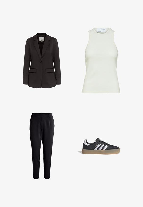 Blazer negro hecho de una tela suave con solapa muesca, dos bolsillos delanteros, cierre de un solo botón y corte entallado.; Camiseta sin mangas blanca acanalada con escote redondo de Selected Femme, mostrando vista frontal sin patrones ni decoraciones.; Pantalones negros ajustados con un corte relajado, cintura elástica y dos bolsillos frontales. Fabricados en una tela suave y ligera.; Zapatilla deportiva de cuero negro con tres rayas plateadas, punta texturizada y suela de goma. Cuenta con un collar acolchado y un diseño con cordones.