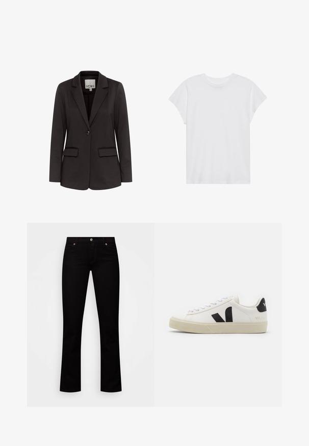 Sort blazer lavet af glat stof med spidse klapper, to forlommer, enkelt knaplukning og tætsiddende pasform.; Hvid kortærmet t-shirt med rund hals, afslappet pasform, lavet af blødt bomuldsstof. Glat tekstur, ingen mønstre eller logoer.; Sorte jeans lavet af denim med en slim fit, fem-lomme design, knaplukning og subtile kobberdetaljer på nitterne.; Hvide lædersneakers med sort gummiv V-logo. Tekstureret off-white sål, hvide snørebånd og bagside med brandnavn i sort.