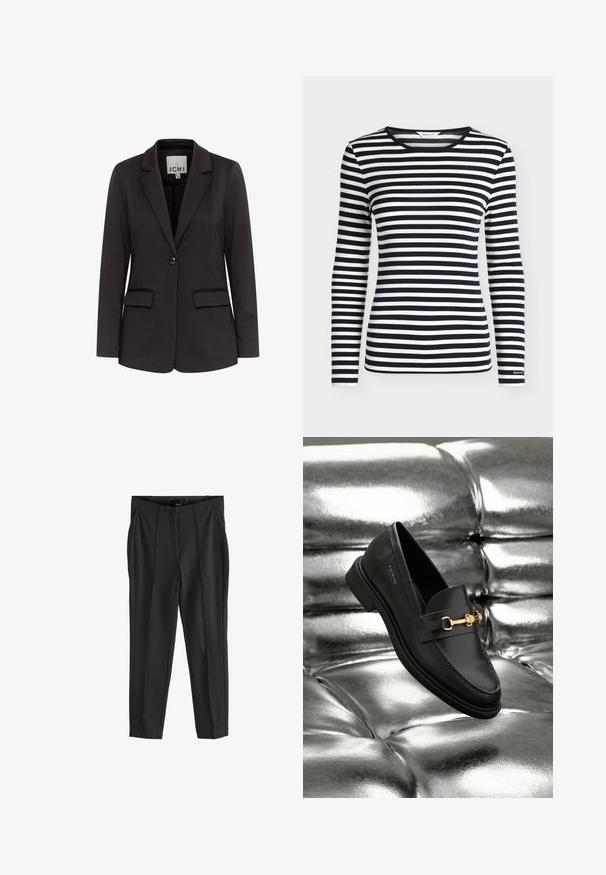 Zwarte blazer van gladde stof met een notch-lapels, twee voorzakken, enkel knoopsluiting en een getailleerde pasvorm.; Oversized shirt met lange mouwen met marineblauwe en witte horizontale strepen en een ronde hals, met het merk GANT op de mouwboord.; Zwarte broeken met een gladde textuur, voorzien van ritszakken aan de voorkant en duidelijke plooien. Minimalistisch ontwerp met een getailleerde pasvorm.; Zwarte leren instapper met een goudkleurig hardware-detail. De schoen heeft een strak ontwerp en een gladde, glanzende textuur.