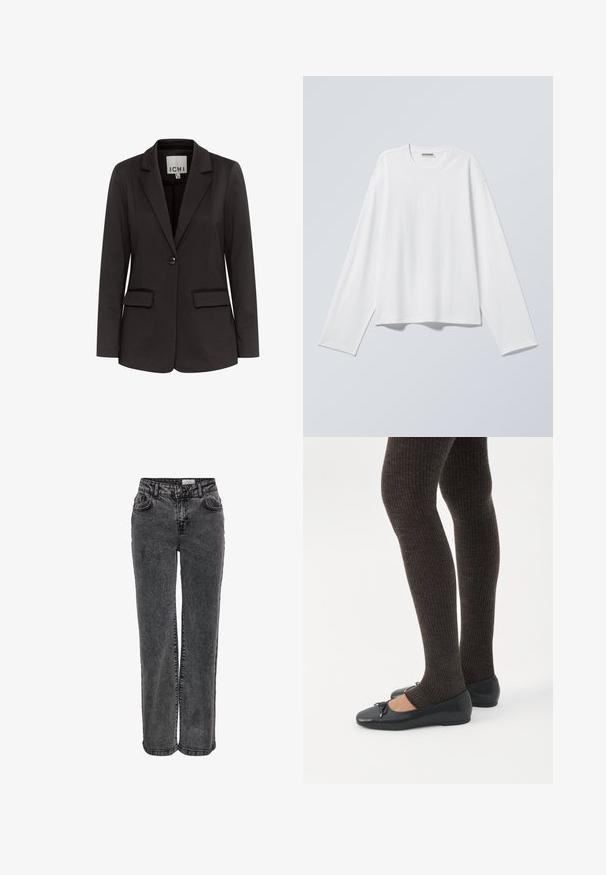 Sort blazer lavet af glat stof med spidse klapper, to forlommer, enkelt knaplukning og tætsiddende pasform.; Hvid langærmet t-shirt med rund hals og afslappet pasform, vist fladt mod en lysegrå baggrund.; Sorte denimjeans med lige ben, der har forlommer, bæltestropper og en subtil, falmet tekstur.; Ben iført mørke ribbede leggings kombineret med sorte balletsko med små sløjfedetaljer på hvid baggrund.