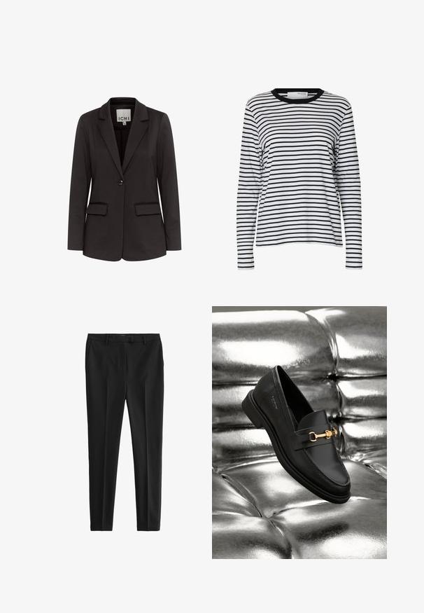 Čierny blazer vyrobený z hladkého materiálu s klopovým golierom, dvoma prednými vreckami, zapínaním na jeden gombík a prispôsobeným strihom.; Biela košeľa s dlhým rukávom s čiernymi horizontálnymi pruhmi a čiernym okrúhlym golierom, zobrazená na jednobielom pozadí.; Čierne nohavice z hladkej tkaniny, s priliehavým strihom, prednými skladmi a pútkami na opasok, so bočnými a zadnými vreckami.; Čierne kožené mokasíny so zlatými kovovými detailmi. Obuv má elegantný dizajn a hladký, lesklý povrch.