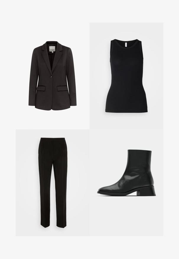 Čierny blazer vyrobený z hladkého materiálu s klopovým golierom, dvoma prednými vreckami, zapínaním na jeden gombík a prispôsobeným strihom.; Čierny bezrukávový top z rebrovanej tkaniny, s okrúhlym výstrihom a priliehavým strihom, s hladkou textúrou a bez vzorov.; Čierne nohavice s upraveným strihom, rovnými nohavicami, jedným záhybom a detailmi vrecka. Vyrobené z jemnej, ľahkej tkaniny.; Čierne členkové topánky vyrobené z lesklej kože, s elegantným dizajnom, špicatou špičkou a stredne vysokým blokovým podpätkom pre stabilitu.