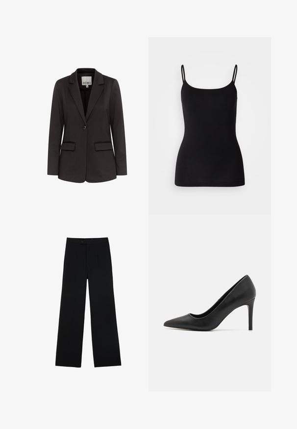 Zwarte blazer van gladde stof met een notch-lapels, twee voorzakken, enkel knoopsluiting en een getailleerde pasvorm.; Zwarte camisole met dunne verstelbare bandjes, gladde rekstof en een aansluitende pasvorm. Geen patronen of versieringen.; Zwarte wijde broek van gladde stof, met een ritssluiting aan de voorkant en twee plooien voor extra detail. Over het geheel een nauwkeurige pasvorm.; Zwarte hoge hakpumps met een spitse neus, gemaakt van glad leer, met een slank ontwerp en een dunne, cilindrische hak.