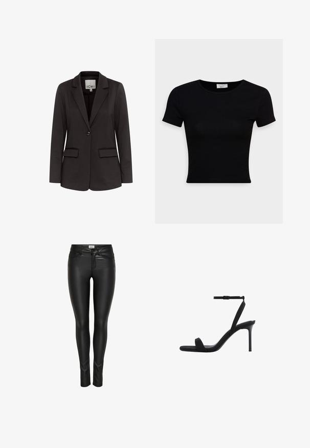 Schwarze Blazer aus glattem Stoff mit Gegenzugklappen, zwei Fronttaschen, einer Knopfschließe und taillierter Passform.; Schwarz, kurzärmliges T-Shirt aus glattem Baumwollstoff, mit rundem Ausschnitt und figurbetontem Schnitt. Minimalistisch ohne sichtbare Muster.; Schwarze, schmal geschnittene Kunstlederhosen mit vorderem Knopf, Reißverschluss und Gürtelschlaufen, auf einem weißen Hintergrund präsentiert.; Schwarze Sandalette mit hohem Absatz, dünnem Knöchelriemen und offenem Zehenbereich, ausgestattet mit einem schlanken Stilettoabsatz und minimalistischem Design.
