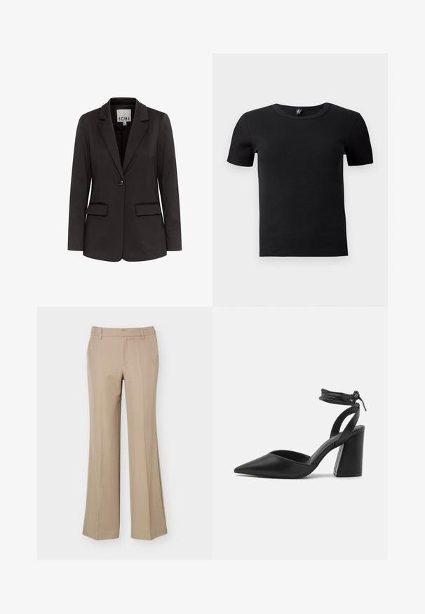 Sort blazer lavet af glat stof med spidse klapper, to forlommer, enkelt knaplukning og tætsiddende pasform.; Sort kortærmet t-shirt lavet af ribbet stof. Har en klassisk rund hals og en tætsiddende silhuet. Ingen yderligere accenter.; Beige damebukser med bæltestropper, frontfold og lige brede ben på en ens hvid baggrund.; Sort spidse pumps med en struktureret blokhæl, glat lædermateriale og en justerbar ankelrem for en sikker pasform.