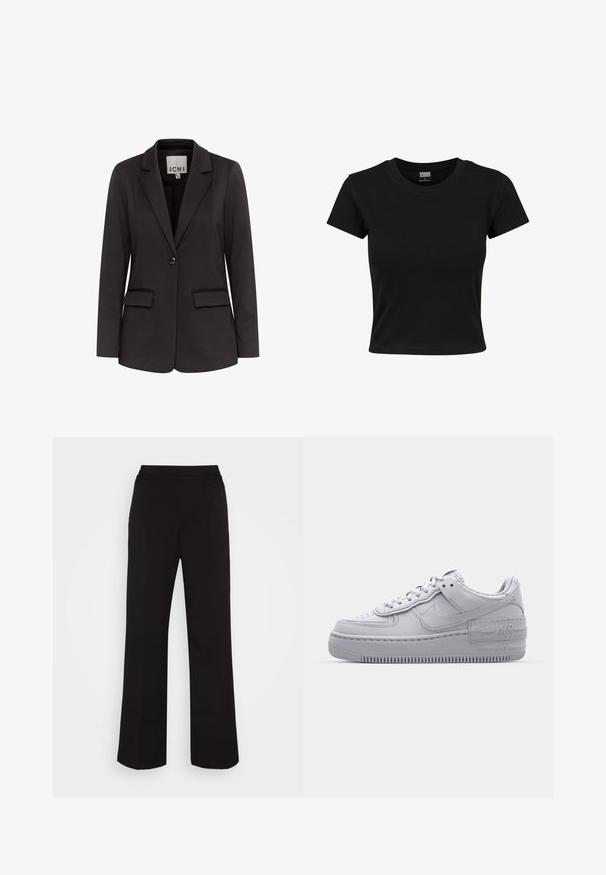 Blazer negro hecho de una tela suave con solapa muesca, dos bolsillos delanteros, cierre de un solo botón y corte entallado.; Camiseta negra de manga corta fabricada en algodón suave, con un cuello redondo y un corte ajustado. Sin patrones ni acentos visibles.; Monki Pantalones - black; Zapatilla Nike Air Force 1 gris con puntera perforada, parte superior de cuero suave, suela gruesa y detalle en relieve 'AIR' en el talón.