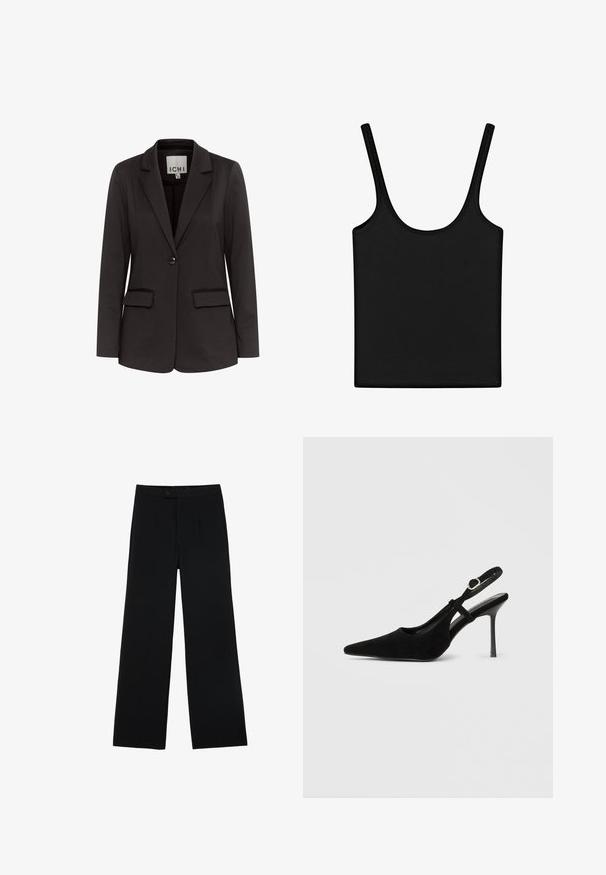 Zwarte blazer van gladde stof met een notch-lapels, twee voorzakken, enkel knoopsluiting en een getailleerde pasvorm.; Zwarte mouwloze tanktop met dunne bandjes en een ronde halslijn, plat gelegd op een witte achtergrond.; Zwarte wijde broek van gladde stof, met een ritssluiting aan de voorkant en twee plooien voor extra detail. Over het geheel een nauwkeurige pasvorm.; Zwarte suède slingback hak met puntige neus, slanke stiletto hak, verstelbare enkelriem en gladde binnenvoering.