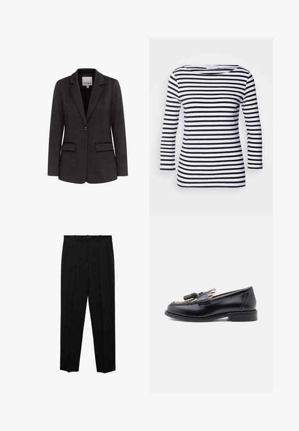 Schwarze Blazer aus glattem Stoff mit Gegenzugklappen, zwei Fronttaschen, einer Knopfschließe und taillierter Passform.; Langarmshirt mit navy- und weißen Streifen, weitem Ausschnitt und weichem, dehnbarem Stoff. Verfügt über gleichmäßige horizontale Streifen.; Schwarze, maßgeschneiderte Stoffhosen mit geradem Bein, Frontfalten, einer glatten Textur und einem Standardbund mit Gürtelschlaufen.; Schwarze Lederloafers mit runder Spitze, ausgestattet mit einem geflochtenen Quastenakzent und einer kontrastierenden Tierdruckfutter. Niedriger, gerader Absatz.