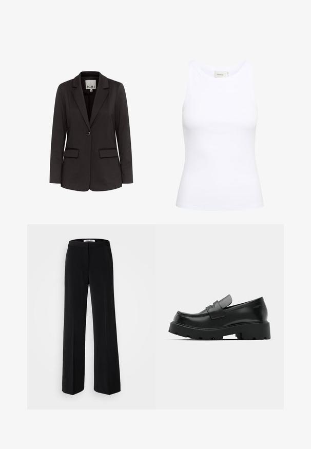 Čierny blazer vyrobený z hladkého materiálu s klopovým golierom, dvoma prednými vreckami, zapínaním na jeden gombík a prispôsobeným strihom.; Biela rebrovaná tielko s okrúhlym výstrihom a bez rukávov. Elastický materiál a priliehavý strih. Ozdobná nášivka na zadnej strane znie "GESTUZ."; Čierne široké nohavice s hladkou textúrou, so skladaným pásom a minimalistickým dizajnom. Žiadne viditeľné vzory ani akcenty.; Čierne kožené mokasíny s hrubou štruktúrovanou podrážkou, so strapcom cez priehlavok a hladkým, lesklým povrchom.