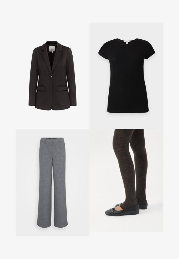 Čierny blazer vyrobený z hladkého materiálu s klopovým golierom, dvoma prednými vreckami, zapínaním na jeden gombík a prispôsobeným strihom.; Čierne krátke rukávy rebrované priliehavé tričko s okrúhlym výstrihom, zobrazené ploché na svetlom pozadí.; Sivé široké nohavice vyrobené z textilného materiálu, so prednou kapsou, pútkami na opasok a priliehavým pásom.; Nohy v tmavých pásikavých legínach v kombinácii s čiernymi balerínkami s malými mašličkami na bielom pozadí.