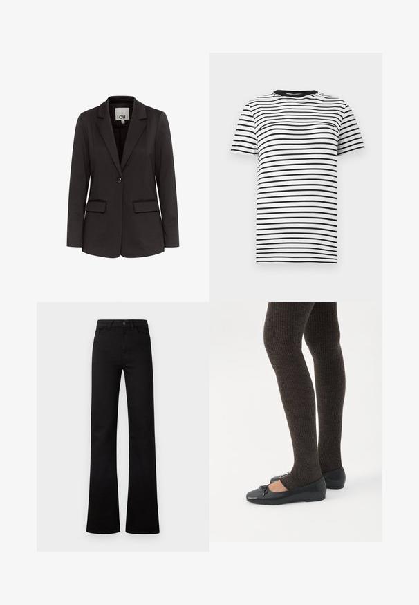 Zwarte blazer van gladde stof met een notch-lapels, twee voorzakken, enkel knoopsluiting en een getailleerde pasvorm.; Zwart-witte gestreepte T-shirt van zachte stof. Heeft een ronde hals en korte mouwen, met gelijkmatig verdeelde horizontale strepen.; Zwarte high-waist jeans met rechte pijpen, voorzakken, riemlussen, een knoopsluiting en licht uitlopende zoom op een witte achtergrond.; Benen met donkere geribbelde leggings gecombineerd met zwarte ballerina's met kleine strikdetails op een witte achtergrond.