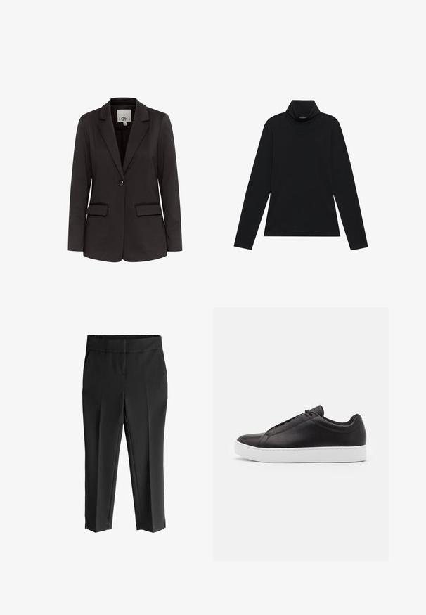 Zwarte blazer van gladde stof met een notch-lapels, twee voorzakken, enkel knoopsluiting en een getailleerde pasvorm.; Zwarte langetermijn turtleneck. Zachte stof, getailleerd design, hoge kraag en zijnaad. Eenvoudige en veelzijdige stijl die geschikt is voor het laagjes dragen.; Zwarte op maat gemaakte broeken met een zachte textuur, voorzien van een brede tailleband, twee zijzakken en openingen aan de zoom voor een moderne afwerking.; Zwarte leren sneakers met een gladde afwerking, met een lage ontwerp en een dikke witte rubberen zool. Subtiele stikdetails aan de zijkant.