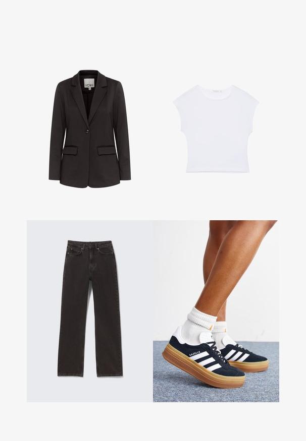 Čierny blazer vyrobený z hladkého materiálu s klopovým golierom, dvoma prednými vreckami, zapínaním na jeden gombík a prispôsobeným strihom.; Biele krátke tričko s krátkym rukávom a okrúhlym výstrihom, vyrobené z hladkej látky, položené na bielom pozadí.; Čierne rovné džínsy s prednými a zadnými vreckami, zapínanie na gombík a zips, zobrazené na svetlom pozadí rozložené na rovno.; Nohy v bielych ponožkách a čiernych teniskách Adidas Gazelle s bielymi pruhmi a hrubými hnedými podrážkami na sivom koberci.