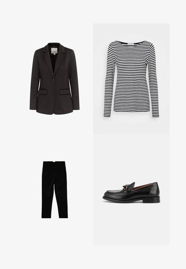 Zwarte blazer van gladde stof met een notch-lapels, twee voorzakken, enkel knoopsluiting en een getailleerde pasvorm.; Langemouwen, ronde hals T-shirt met een zwart-wit gestreept patroon. Gemaakt van zachte stof met een reguliere pasvorm. Schoon, minimalistisch ontwerp.; Zwarte op maat gemaakte broek tot aan de enkel met zijzakken en een licht taps toelopende pijp, plat liggend op een witte achtergrond.; Zwarte leren loafer met lage hak, afgeronde neus en decoratieve metalen gesp aan de voorkant.