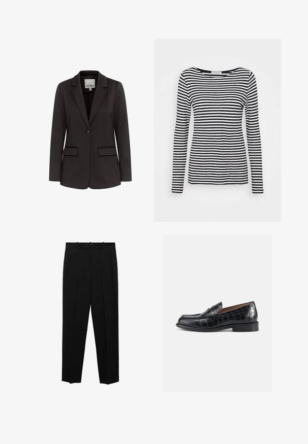 Schwarze Blazer aus glattem Stoff mit Gegenzugklappen, zwei Fronttaschen, einer Knopfschließe und taillierter Passform.; Langärmliges T-Shirt mit Rundhalsausschnitt, das ein schwarz-weiß gestreiftes Muster aufweist. Aus weicherm Stoff und mit regulärer Passform gefertigt. Sauberes, minimalistisches Design.; Schwarze, maßgeschneiderte Stoffhosen mit geradem Bein, Frontfalten, einer glatten Textur und einem Standardbund mit Gürtelschlaufen.; Schwarze Loafer aus krokodilgeprägtem Leder mit abgerundetem Zehenbereich, zum Hineinschlüpfen und einem niedrigen, stabilen Absatz. Glatte Textur und dezenter Glanz.