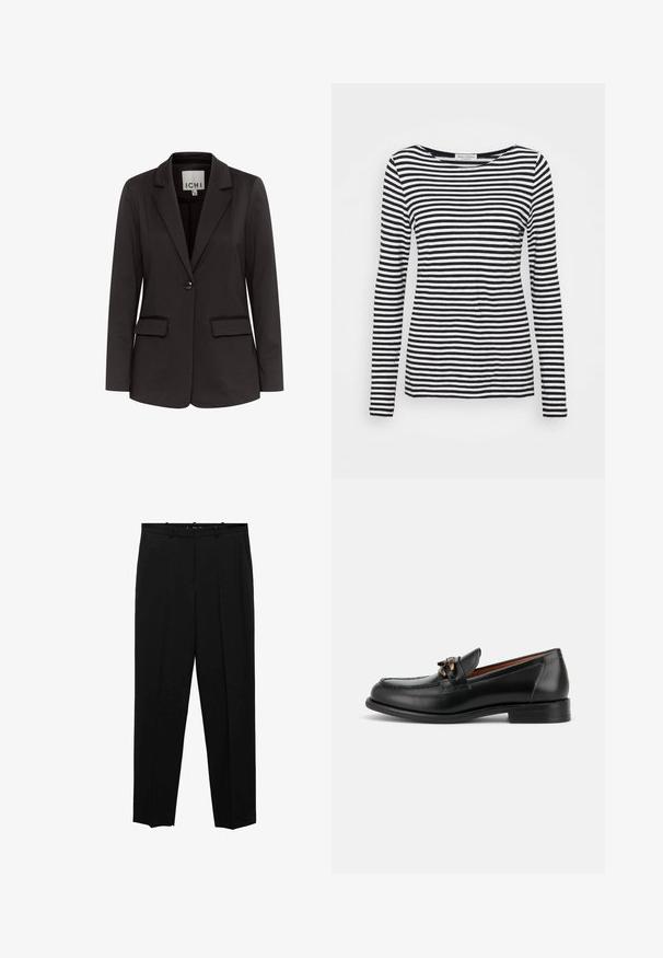 Čierny blazer vyrobený z hladkého materiálu s klopovým golierom, dvoma prednými vreckami, zapínaním na jeden gombík a prispôsobeným strihom.; Dlhý rukáv, tričko s okrúhlym výstrihom, s čiernobielym pruhovaným vzorom. Vyrobené z mäkkého materiálu s bežným strihom. Čistý, minimalistický dizajn.; Čierne nohavice s rovnými nohavicami, ktoré majú predné záhyby, hladkú textúru a štandardný pás s pútkami na opasok.; Čierny kožený mokasín s nízkym opätkom, zaokrúhlenou špičkou a ozdobnou kovovou prackou vpredu.