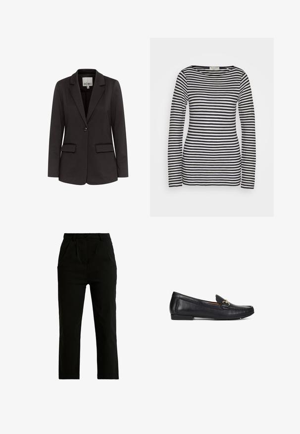 Čierny blazer vyrobený z hladkého materiálu s klopovým golierom, dvoma prednými vreckami, zapínaním na jeden gombík a prispôsobeným strihom.; Dlhý rukávový top z bavlny, s vodorovnými námorníckymi modrými a bielymi pruhmi, okrúhlym výstrihom, úzkym strihom, s hladkou textúrou a minimalistickým dizajnom.; Čierne nohavice vyrobené z bavlneného zmesi, s rovnými nohavicami, dvoma prednými vreckami, jediným gombíkovým zapínaním a viditeľnými švovými detailmi.; Čierna kožená mokasína so zlatým kovovým detailom, nízkym podpätkom a prešívaným dizajnom mokasínového špičkového švu, zobrazená zboku na bielom pozadí.