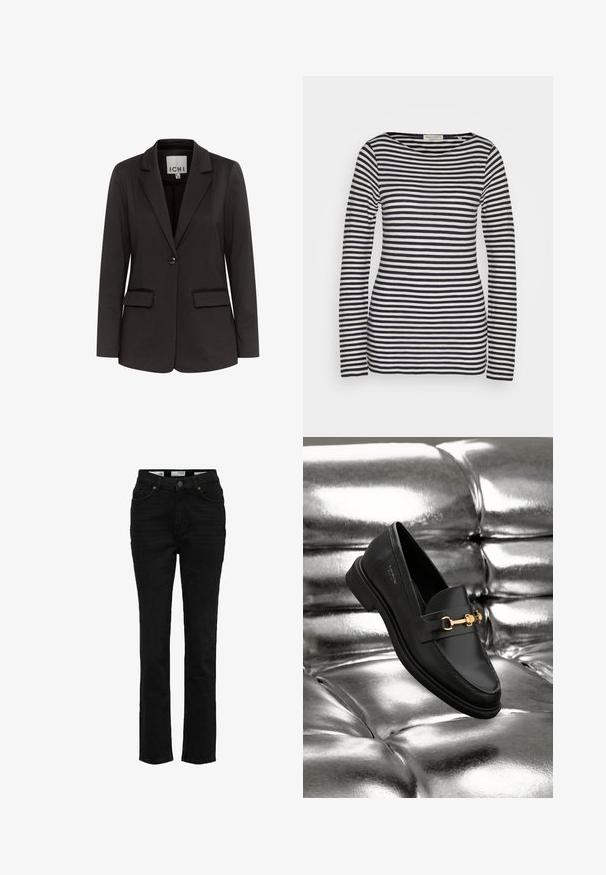Zwarte blazer van gladde stof met een notch-lapels, twee voorzakken, enkel knoopsluiting en een getailleerde pasvorm.; Top met lange mouwen van katoen, met horizontale marineblauwe en witte strepen, ronde hals, strakke pasvorm, met een gladde textuur en minimalistisch ontwerp.; Zwarte denim jeans met een hoge taille, rechte pijpen, vijf zakken en metalen knoopsluiting. Gladde textuur met minimale vervaging.; Zwarte leren instapper met een goudkleurig hardware-detail. De schoen heeft een strak ontwerp en een gladde, glanzende textuur.