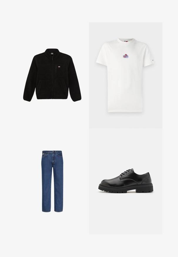 Chaqueta de forro polar negra con cierre en la parte delantera, cuello alto y dos bolsillos frontales tipo parche. Presenta un pequeño logo en la parte superior del lado izquierdo del pecho.; Camiseta blanca de algodón con un pequeño logotipo triangular multicolor que incluye el texto "tommy" y "JEANS". Cuello redondo clásico y mangas cortas.; Vaqueros azul rectos de mezclilla, con cinco bolsillos, cierre de botón y cremallera, y un desvanecimiento sutil en la tela.; Zapatos de cuero negro con punta redondeada, diseño con cordones y una suela de goma gruesa y texturizada. Presentan costuras a lo largo del borde y un acabado suave.