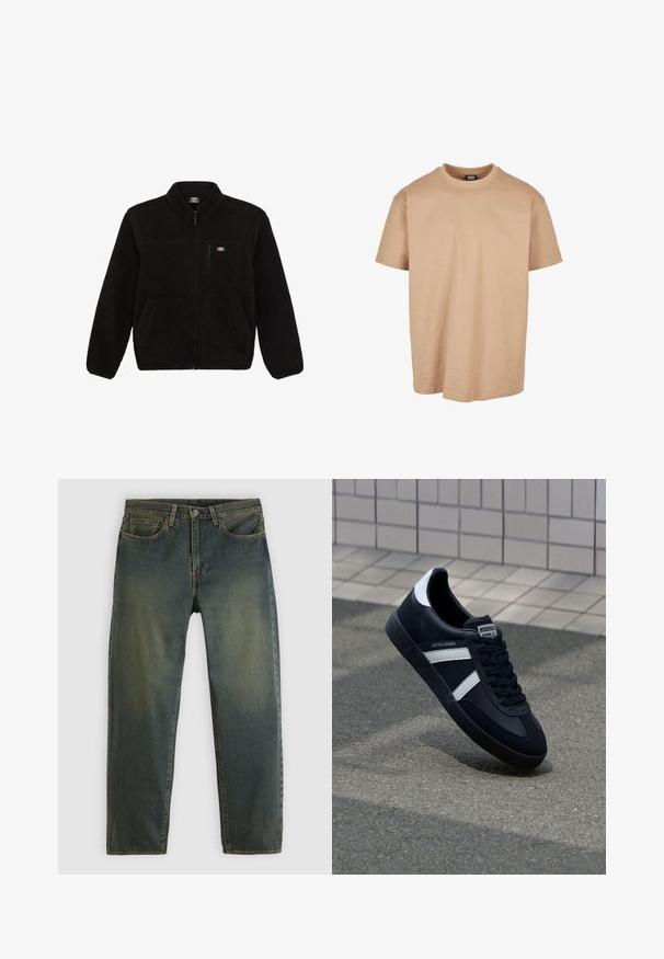 Sort fleecejakke med lynlås i front, høj krave og to frontlommer. Har et lille logo på venstre bryst.; Beige bomulds t-shirt med rund hals, korte ærmer og en afslappet pasform; har en glat tekstur og et minimalistisk design.; Mørkegrønne denimjeans med fem-lommer design, knaplukning og lige ben, vist på en ensartet lys baggrund.; Sort lædersneaker med hvide striber, tekstureret gummisål og snørrebånd foran. Har et brandet mærke på tungen.