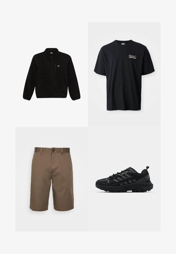 Schwarze Fleecejacke mit einem Reißverschluss vorne, hohem Kragen und zwei aufgesetzten Taschen vorne. Hat ein kleines Logo auf der oberen linken Brust.; Schwarzes Baumwoll-T-Shirt mit kurzen Ärmeln. Verfügt über ein gesticktes Logo "Dickies Donut House" im linken Brustbereich. Klassisches Rundhaldesign.; Braune Baumwollshorts mit Knopfverschluss, Gürtelschlaufen und flachem Frontdesign. Glatte Textur mit gleichmäßiger Verarbeitung.; Schwarze Sportschuhe mit einem Obermaterial aus Mesh, strukturierten Überzügen und einer dicke Gummisohle mit aggressivem Profil. Akzente umfassen eine Zuglasche.
