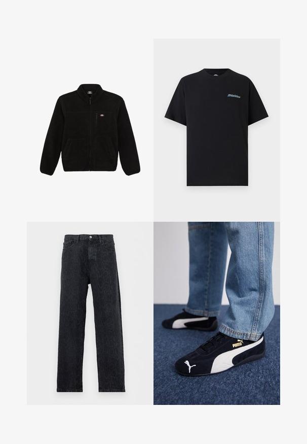 Schwarze Fleecejacke mit einem Reißverschluss vorne, hohem Kragen und zwei aufgesetzten Taschen vorne. Hat ein kleines Logo auf der oberen linken Brust.; Schwarzes T-Shirt mit kurzen Ärmeln und Rundhalsausschnitt, mit kleinem mehrfarbigem "Dickies"-Logo auf der linken Brust, vor einfarbigem Hintergrund.; Schwarze Jeans mit geradem Bein und dezentem dunklem Tierdruckmuster, Knopf- und Reißverschluss sowie Fronttaschen, auf weißem Hintergrund dargestellt.; Schwarze Wildledersneaker mit weißen Akzenten und einem goldenen Logo. Getragen mit hellblauen Jeans und auf einer strukturierten blauen Oberfläche platziert.