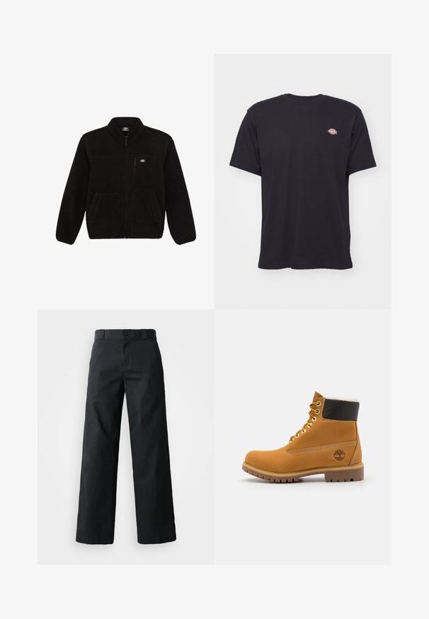 Sort fleecejakke med lynlås i front, høj krave og to frontlommer. Har et lille logo på venstre bryst.; Sort kortærmet t-shirt med rund hals og et lille farverigt Dickies-logo på venstre bryst mod en ensfarvet baggrund.; Sorte brede bukser lavet af bomuld. Har en knaplukning, bæltestropper og sidelommer. Glat tekstur med en skræddersyet pasform.; Brune læder ankelstøvle med metaløjer, hvid pelsforing, sort polstret krave, robust sål og præget logo på siden.