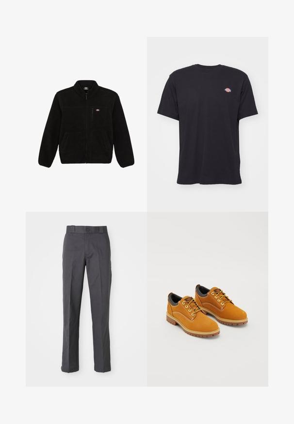 Sort fleecejakke med lynlås i front, høj krave og to frontlommer. Har et lille logo på venstre bryst.; Sort kortærmet t-shirt med rund hals og et lille farverigt Dickies-logo på venstre bryst mod en ensfarvet baggrund.; Mørkegrå bukser lavet af bomuldsblanding, der har et lige ben-design, frontlommer og en knaplukning i taljen.; Brune ruskindssko med rund tå, gule snørebånd, en polstret sort krave og gummisåler med skridsikre riller.