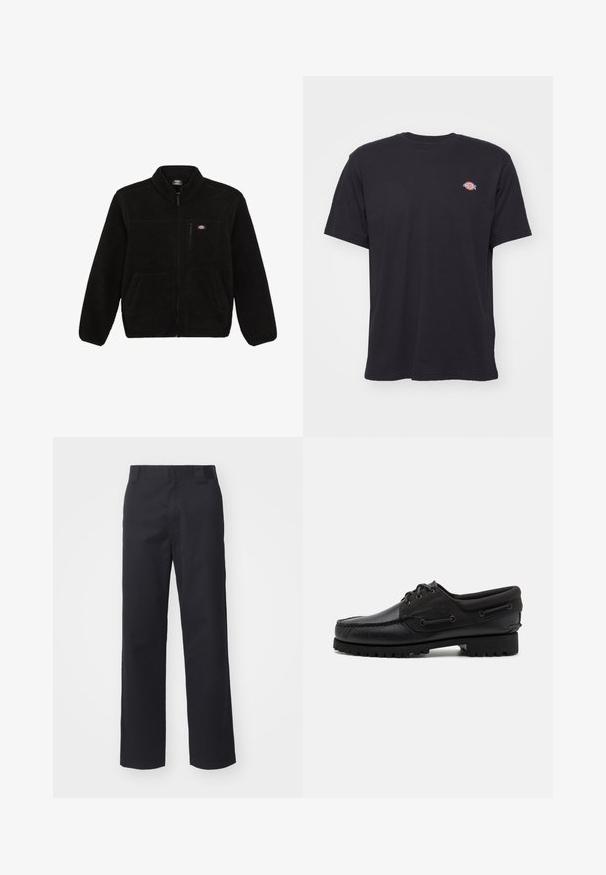 Sort fleecejakke med lynlås i front, høj krave og to frontlommer. Har et lille logo på venstre bryst.; Sort kortærmet t-shirt med rund hals og et lille farverigt Dickies-logo på venstre bryst mod en ensfarvet baggrund.; Sorte lige benbukser lavet af bomuldsblandet stof. Har en flad frontbetræk med bæltesløjfer og ingen synlig hardware eller udsmykninger.; Sort sko med overdel i læder, tekstilaccentuer, runde snørebånd og en tekstureret gummisål. Udstyret med mokkasinsyning og branddetalje.