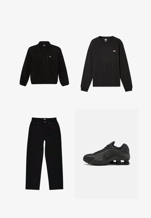 Veste en polaire noire avec une fermeture éclair à l'avant, col haut et deux poches plaquées à l'avant. Présente un petit logo sur le côté supérieur gauche de la poitrine.; T-shirt noir à manches longues en coton, avec un petit logo multicolore Dickies sur la zone de la poitrine gauche et des poignets côtelés.; Jean en denim noir avec une coupe droite, présentant cinq poches, des coutures marron et une fermeture éclair. Texture lisse et matériau durable.; Baskets de course noires avec une tige en synthétique lisse, des accents perforés, des panneaux latéraux texturés et une semelle distincte et rebondissante.