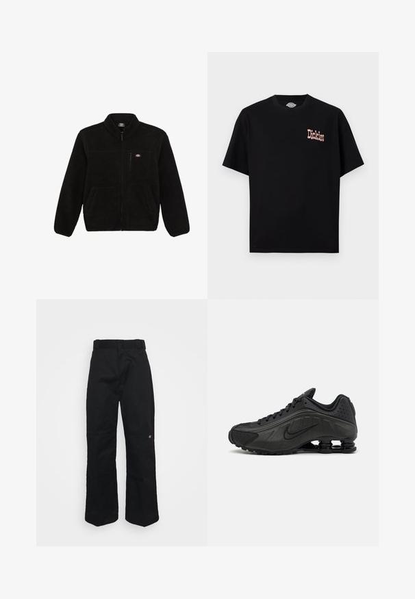 Schwarze Fleecejacke mit einem Reißverschluss vorne, hohem Kragen und zwei aufgesetzten Taschen vorne. Hat ein kleines Logo auf der oberen linken Brust.; Schwarzes T-Shirt mit kurzen Ärmeln und Rundhalsausschnitt, kleines pinkfarbenes "Dickies"-Logo auf der linken Brust.; Schwarze Hosen aus stabilem Stoff mit geradem Bein, Bundschlaufen und einem kleinen Logo an der unteren Seite.; Schwarze Laufschuhe mit einem glatten synthetischen Obermaterial, durchbrochenen Akzenten, strukturierten Seitenpaneelen und einer ausgeprägten federnden Sohle.