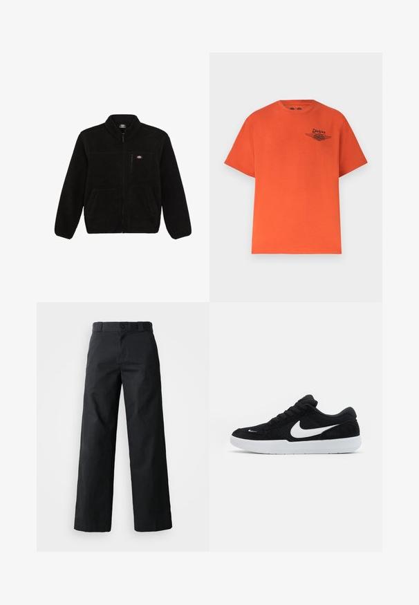 Zwarte fleecejack met een ritssluiting aan de voorkant, hoge kraag en twee voorzakken. Heeft een klein logo op de bovenste linkerborst.; Felle oranje T-shirt met korte mouwen, ronde hals en een klein zwart Dickies- en Harley-Davidson-logo op de linkerborst.; Zwarte wijde broek van katoen. Voorzien van een knoopsluiting, riemlussen en zijzakken. Gladde textuur met een op maat gemaakte snit.; Zwarte suède sneakers met witte accenten, met een ronde neus, dikke witte zool en zwarte veters. Opvallend wit Nike-logo aan de zijkant.