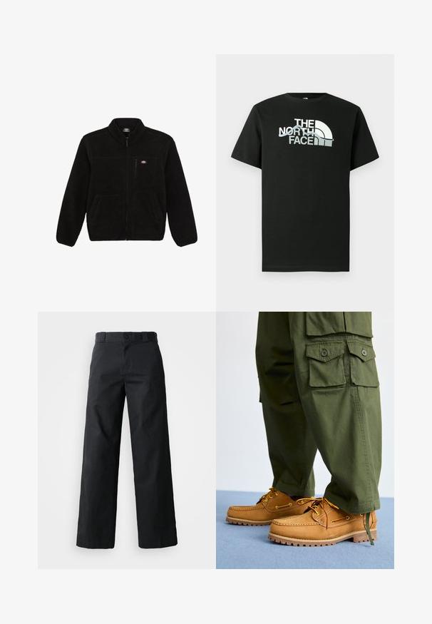 Sort fleecejakke med lynlås i front, høj krave og to frontlommer. Har et lille logo på venstre bryst.; Sort T-shirt lavet af bomuld med et trykt logodesign i hvid og grå, korte ærmer og rund hals.; Sorte brede bukser lavet af bomuld. Har en knaplukning, bæltestropper og sidelommer. Glat tekstur med en skræddersyet pasform.; Timberland AUTHENTIC 3 EYE - Sejlersko - wheat