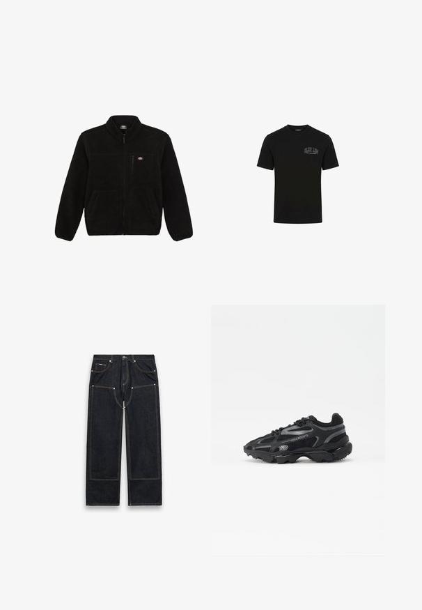 Schwarze Fleecejacke mit einem Reißverschluss vorne, hohem Kragen und zwei aufgesetzten Taschen vorne. Hat ein kleines Logo auf der oberen linken Brust.; Schwarzes T-Shirt mit kurzen Ärmeln und Rundhalsausschnitt mit weißem "CLSR LDN" Text auf der linken Brustseite.; Schwarze Jeans mit geradem Bein aus Denim, verstärkten Kniepatches, sichtbaren gelben Nähten, Taschen vorne und hinten sowie Knopfverschluss an der Taille.; Schwarze Sport-Sneaker mit Obermaterial aus Mesh und Synthese. Sie verfügen über eine strukturierten Sohle, reflektierende Akzente und eine verstärkte Ferse.