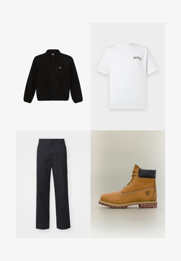 Sort fleecejakke med lynlås i front, høj krave og to frontlommer. Har et lille logo på venstre bryst.; Hvid bomuld t-shirt med korte ærmer og rund halsudskæring. Har en grøn broderet "DICKIES"-logo på venstre brystområde.; Sorte lige benbukser lavet af bomuldsblandet stof. Har en flad frontbetræk med bæltesløjfer og ingen synlig hardware eller udsmykninger.; Brun læderankelstøvle med sort krave, gule snørebånd og tanfarvet sål. Har logo og hvide syninger som detalje. Robust ydersål med greb.