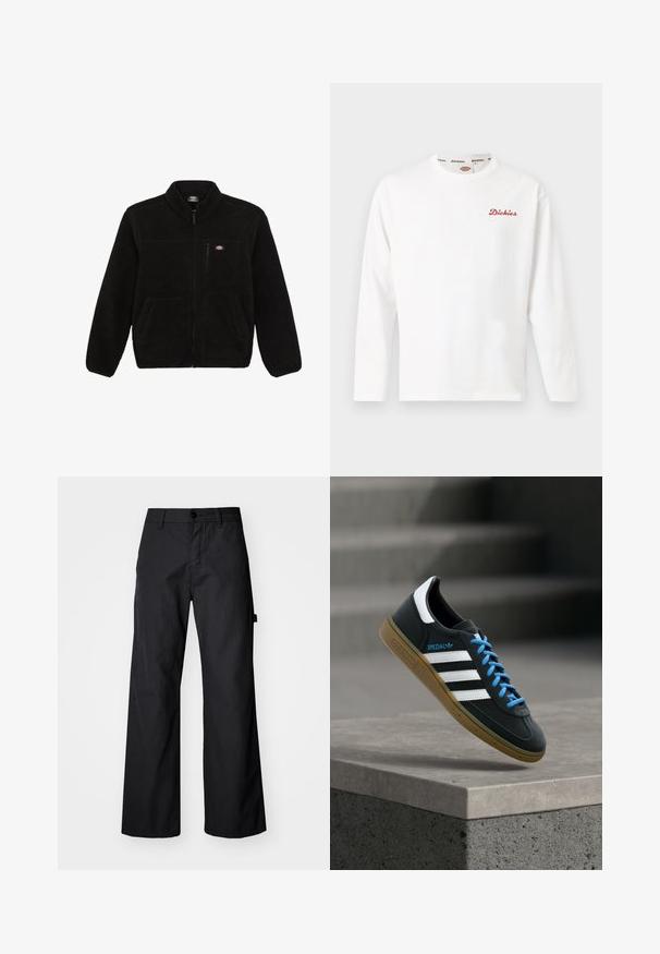 Schwarze Fleecejacke mit einem Reißverschluss vorne, hohem Kragen und zwei aufgesetzten Taschen vorne. Hat ein kleines Logo auf der oberen linken Brust.; Weißes Langarmshirt mit Rundhalsausschnitt, kleinem roten "Dickies"-Logo auf der linken Brust und gebrandeter Innenverarbeitung am Kragen.; Schwarze, weite Hosen aus robustem Stoff. Verfügt über einen Knopfverschluss und Seitentaschen. Glatte Textur mit einem schlichten Design.; Schwarzer Adidas-Sneaker mit weißen Streifen, blauen Schnürsenkeln und Gummisohle, der über einer grauen Betontreppe im weichen Licht schwebt.