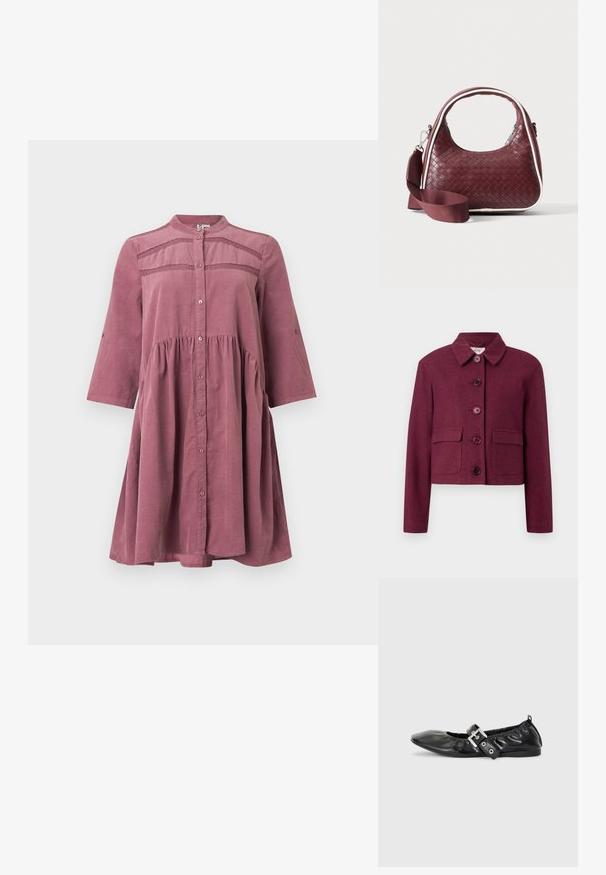 Veste cropped bordeaux en tissu texturé avec un col pointu, cinq boutons et deux poches avant.; Robe-chemise rose avec fermeture boutonnée à l'avant, manches trois quarts, design plissé et accents en dentelle sur la poitrine, réalisée en tissu doux.; Chaussure plate en cuir noir avec un nez pointu, des détails froncés autour de l'ouverture et un accent en boucle argentée sur la bride ajustable.; Sac à main en cuir tressé marron foncé avec poignée courbée, garniture blanche, fermeture éclair argentée et bandoulière large en tissu amovible sur fond uni.
