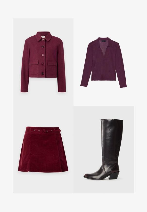 Veste cropped bordeaux en tissu texturé avec un col pointu, cinq boutons et deux poches avant.; Haut à manches longues, décolleté en V profond, de couleur violet foncé, avec une texture côtelée et un col. Présente un design ajusté et une légère élasticité.; Jupe en velours côtelé rouge foncé avec une ceinture assortie et des œillets métalliques, présentant une légère forme trapèze et un détail sur le panneau avant.; Botte en cuir brun foncé, à hauteur de genou, avec un bout pointu, un talon bloc angulaire et une texture lisse et brillante. Présente un design épuré et des détails de couture.