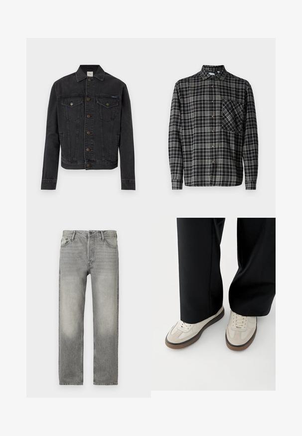 Veste en denim noir avec fermeture boutonnée, deux poches poitrine à rabat avec boutons, poches latérales et col, posée à plat sur fond blanc.; Only & Sons Lumberjack ONSARCHER Lumberjack - Chemise - black; Jean en denim gris avec une coupe décontractée, présentant un délavage, un design à cinq poches, une fermeture à bouton et une coupe droite.; Pieds portant des baskets beige avec des semelles marron et un pantalon noir à jambes larges sur fond blanc.