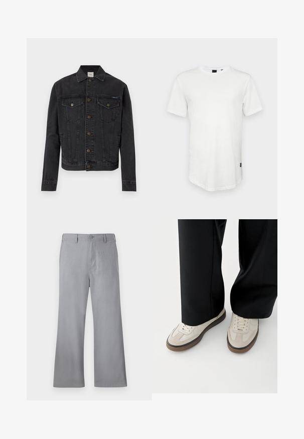 Sort denimjakke med knaplukning foran, to brystlommer med knapper, sidelommer og en krave, lagt fladt på hvid baggrund.; Hvid kortærmet t-shirt lavet af bomuld, med rund halsudskæring og en let forlænget ryg, samt en lille logoaccent på siden.; Grå brede bukser lavet af blødt stof, med knaplukning foran, bæltestropper og et enkelt design uden synlige mønstre eller accenter.; Fødder iført beige sneakers med brune såler og sorte bukser med vide ben på hvid baggrund.