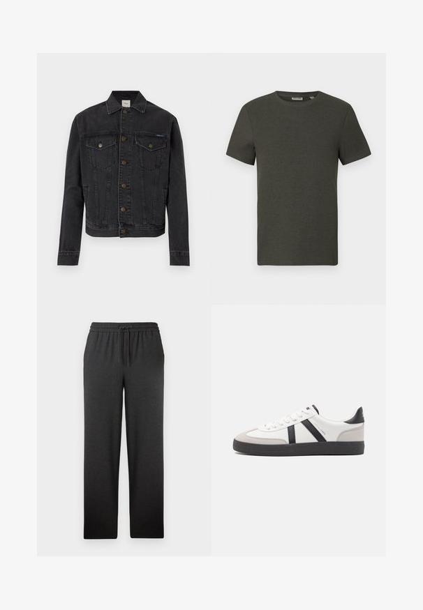 Schwarze Jeansjacke mit Knopfleiste, zwei Brustpatentaschen mit Knöpfen, Seitentaschen und Kragen, flach auf weißem Hintergrund ausgelegt.; Dunkelgrünes T-Shirt mit kurzen Ärmeln und rundem Ausschnitt, aus geripptem Material; zeichnet sich durch ein einfaches, minimalistisches Design ohne Muster aus.; Schwarze Hose mit elastischem Bund und Kordelzug. Hergestellt aus weichem Stoff, haben sie einen geraden Schnitt und eine minimale Textur. Keine sichtbaren Taschen.; Weiße Sneaker mit schwarz- und grau-aczenten, ausgestattet mit einer strukturierten grauen Zehenkappe, schwarzer Gummi-Sohle und flachen weißen Schnürsenkeln. Sauberes Design, minimalistische Stil.