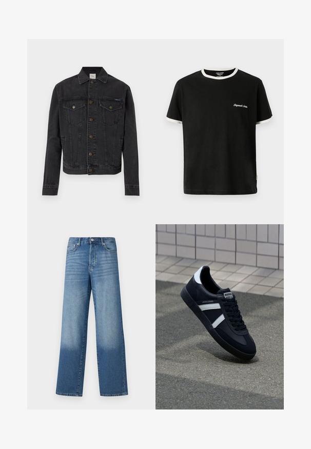 Sort denimjakke med knaplukning foran, to brystlommer med knapper, sidelommer og en krave, lagt fladt på hvid baggrund.; Jack & Jones T- - T-shirts basic - black; Blå højtaljede strækte jeans med falmede områder på lårerne og mørkere skygger nær kanten, synlig frontknap og lommer.; Sort lædersneaker med hvide striber, tekstureret gummisål og snørrebånd foran. Har et brandet mærke på tungen.