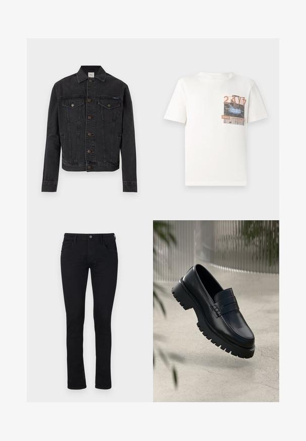 Schwarze Jeansjacke mit Knopfleiste, zwei Brustpatentaschen mit Knöpfen, Seitentaschen und Kragen, flach auf weißem Hintergrund ausgelegt.; TOM TAILOR DENIM T-Shirt print - gardenia white; Schwarze Slim-Fit-Jeans aus Denim mit glatter Textur. Mit fünf Taschen und einem Reißverschluss sowie einem Knopfverschluss an der Taille.; Schwarze Lederloafer mit einer robusten profilierten Sohle, ausgestattet mit einem dekorativen Riemen und einer Stichdetail. Glatte Textur mit einem polierten Finish.