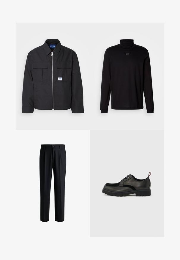 Schwarze Jacke mit Reißverschluss vorne, spitzem Kragen und zwei Brusttaschen. Verfügt über ein gesticktes Logo und strukturiertes Material. Figurbetonter Schnitt mit langen Ärmeln.; Schwarzes Langarm-Turtleneck-Shirt aus glattem Stoff, mit einem weißen "HUGO"-Logo auf der Brust, eng anliegend an den Bündchen und dem Saum.; Schwarze Hose aus glattem Stoff, mit geradem Bein-Design, Falten vorne und einem Knopfverschluss mit Gürtelschlaufen.; Schwarzer Leder-Schnürschuh mit dicker, profillierter Sohle und rotem Fersenzuglasche, seitlich auf einem hellgrauen Hintergrund dargestellt.