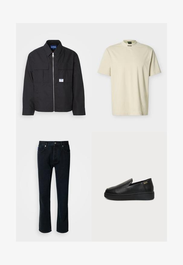 Sort jakke med lynlås foran, spidse krave og to brystlommer. Har et mærke på og tekstureret stof. Skræddersyet pasform med lange ærmer.; Beige T-shirt med korte ærmer, høj rund hals og "BOSS" tekst trykt på kragens forside.; HUGO JONAH - Jeans Straight Leg - dark blue; Sort læder slip-on sko med tyk sål og små sideventilationshuller, med gulddetalje "HUGO" logo nær hælen.
