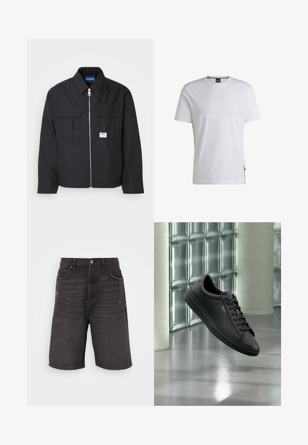 Schwarze Jacke mit Reißverschluss vorne, spitzem Kragen und zwei Brusttaschen. Verfügt über ein gesticktes Logo und strukturiertes Material. Figurbetonter Schnitt mit langen Ärmeln.; Weißes T-Shirt mit kurzen Ärmeln aus Baumwolle. Besitzt einen Rundhalsausschnitt und ein dezentes Markenlabel an der Seite. Glatte Textur und einfaches Design.; Schwarze Jeansshorts mit lockerer Passform, die über Fronttaschen, eine gebraucht aussehende Textur und einen klassischen Bund mit einem einzelnen Knopfverschluss verfügen.; Schwarzer flacher Ledersneaker mit schwarzen Schnürsenkeln und goldenem BOSS-Logo an der Seite, schwebend über einem glänzenden grauen Boden in einem modernen Innenraum.