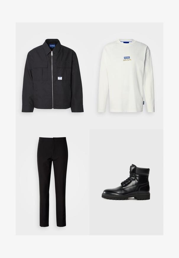 Schwarze Jacke mit Reißverschluss vorne, spitzem Kragen und zwei Brusttaschen. Verfügt über ein gesticktes Logo und strukturiertes Material. Figurbetonter Schnitt mit langen Ärmeln.; Weißes Langarm-T-Shirt aus Baumwolle mit einem blauen und goldenen "HUGO"-Logo sowie dem Schriftzug "Jujutsu Kaisen" auf der Brust. Einfacher Rundhalsausschnitt.; Schwarze Hose aus glattem Stoff, mit geradem Bein, vorderer Knopfverschluss und dezenten Seitentaschen. Schlichter und maßgeschneiderter Look.; Schwarze Lederstiefelette mit glänzender Oberfläche, Schnürdesign, gepolstertem Kragen und einer robusten Gummisohle mit Traktionsnoppen.