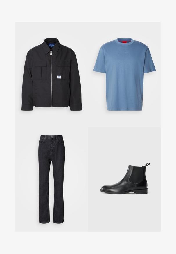 Schwarze Jacke mit Reißverschluss vorne, spitzem Kragen und zwei Brusttaschen. Verfügt über ein gesticktes Logo und strukturiertes Material. Figurbetonter Schnitt mit langen Ärmeln.; Helltürkises Baumwoll-T-Shirt mit kurzen Ärmeln, Rundhalsauschnitt und geprägtem "HUGO"-Logo auf der Vorderseite. Sanfte Textur und entspannter Schnitt.; Hochtaillierte schwarze Jeans aus Denim mit Knopf- und Reißverschluss, Vorder- und Hintertaschen sowie einer geraden Passform.; Schwarze Leder-Stiefelette mit elastischen Seiteneinsätzen, abgerundeter Zehenpartie und einem Zugschlauf. Glatte Textur, flache Sohle, minimalistisches Design.