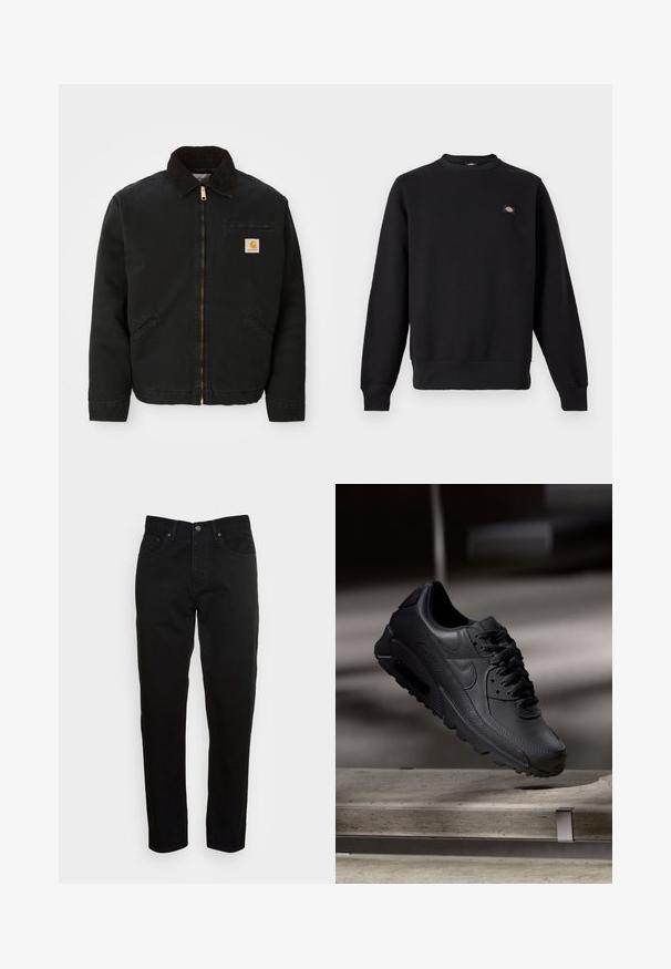 Veste noire à zip avec un col en velours côtelé marron, deux poches latérales et un petit patch carré avec le logo Carhartt sur la poitrine gauche.; Sweat-shirt noir à col rond, manches longues, poignets et ourlet côtelés, avec un petit patch rectangulaire avec logo sur la poitrine gauche.; Jean slim noir avec fermeture à bouton à l'avant et design à cinq poches, présenté sur un fond gris clair uni.; Baskets noirs Nike Air Max avec un dessus en cuir texturé, semelle en caoutchouc et un système de laçage proéminent, mettant en avant un design moderne et épuré.